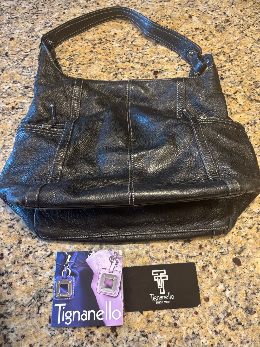 Tignanello Black Pebbled Leather Hobo Shoulder Bag with Contrast Stitching